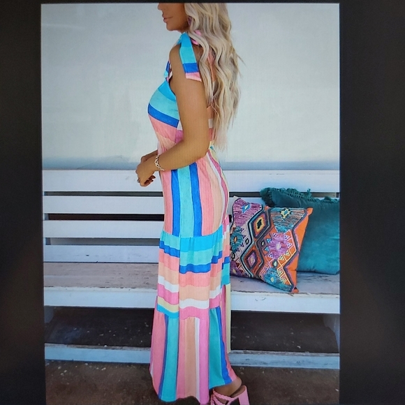 082. Multicolor Color Block Striped BowKnot Straps Maxi Dress  Size M - Picture 4 of 16